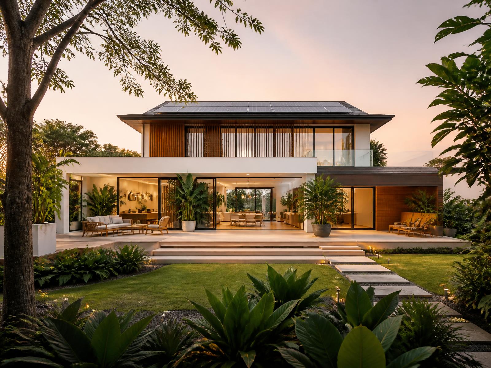 Modern sustainable Nigerian home with rooftop solar panels at golden hour